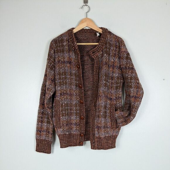 Vtg Wool Cardigan Sweater L Brown 90s Plaid Chunky Knit Button Pocket Heritage - Picture 5 of 14